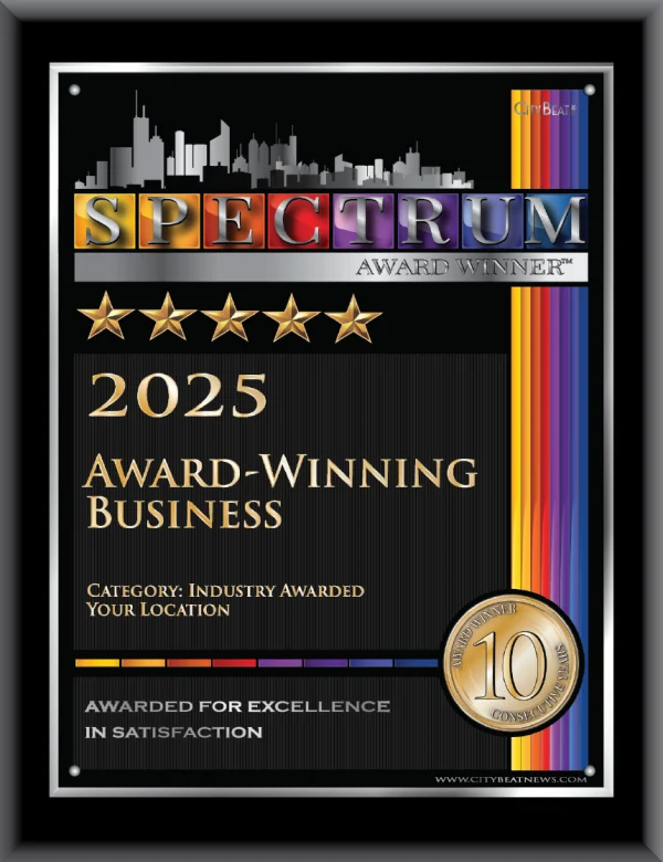 Award plaque for DRX Chicago, showcasing "2025 Award-Winning Business" with five stars, emphasizing excellence in satisfaction and recognition in the chiropractic industry.