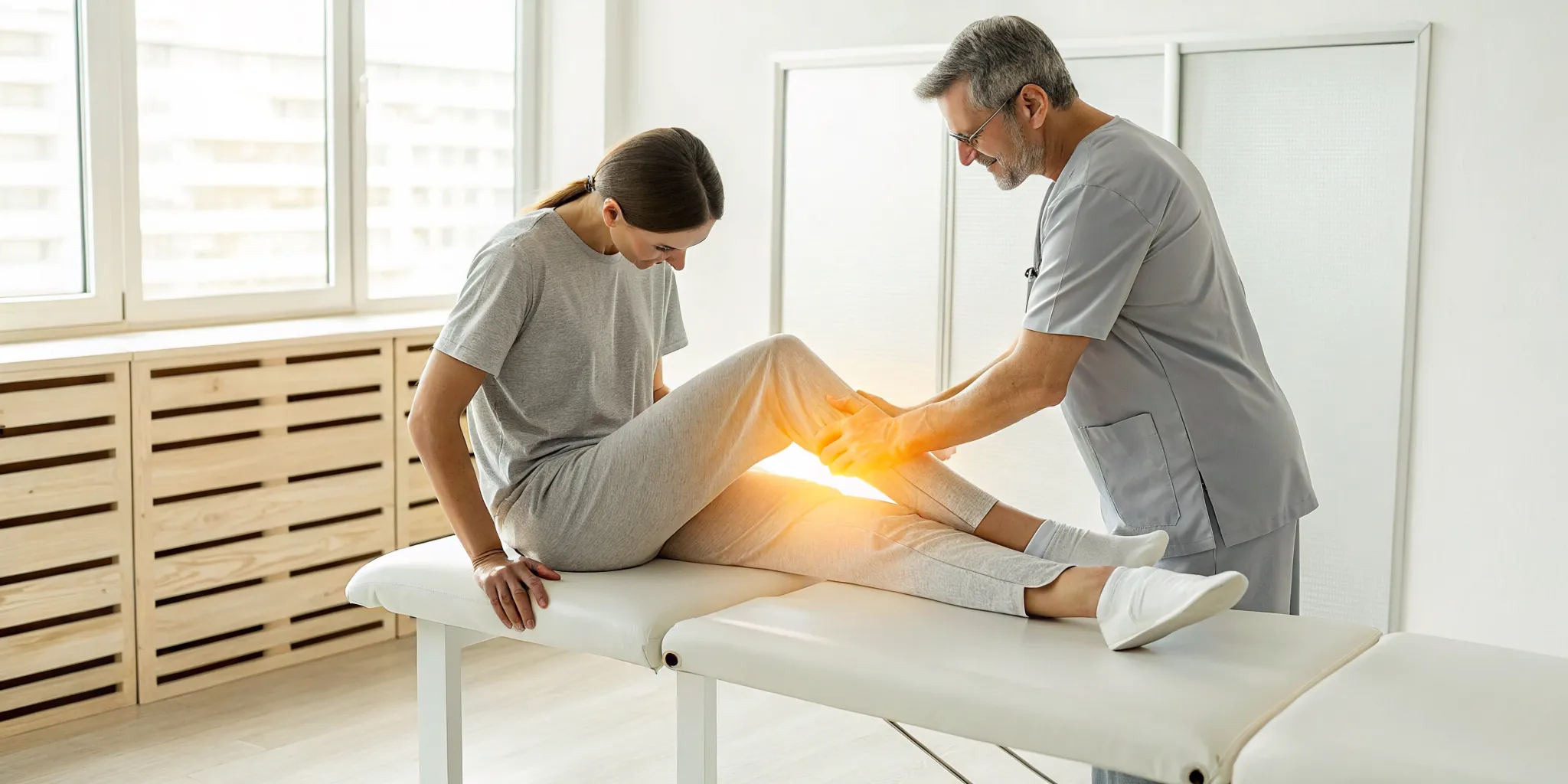Treating sciatica nerve pain with physical therapy on a patient's leg.