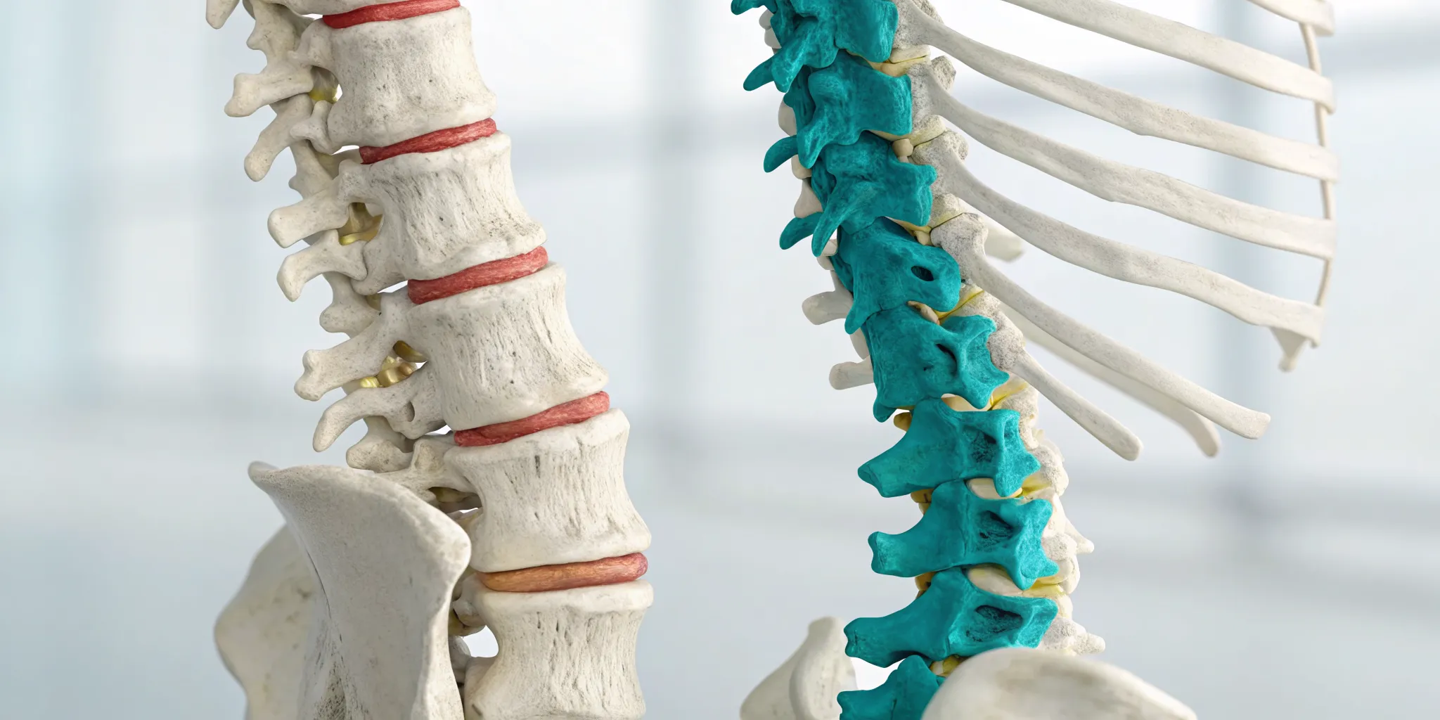 A spine model showing the difference between bulging disc and herniated disc symptoms.