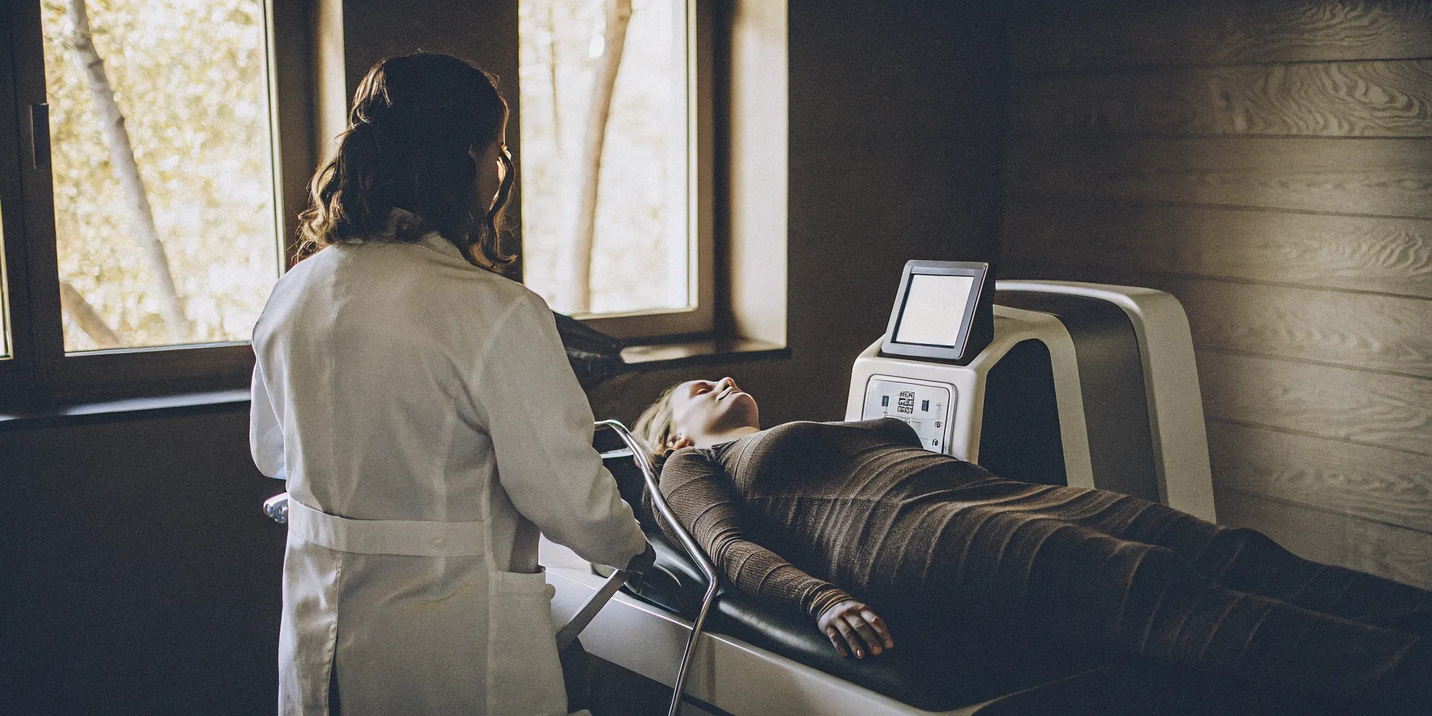 Patient on a DRX9000 spinal decompression machine in a modern chiropractic clinic with medical professional nearby