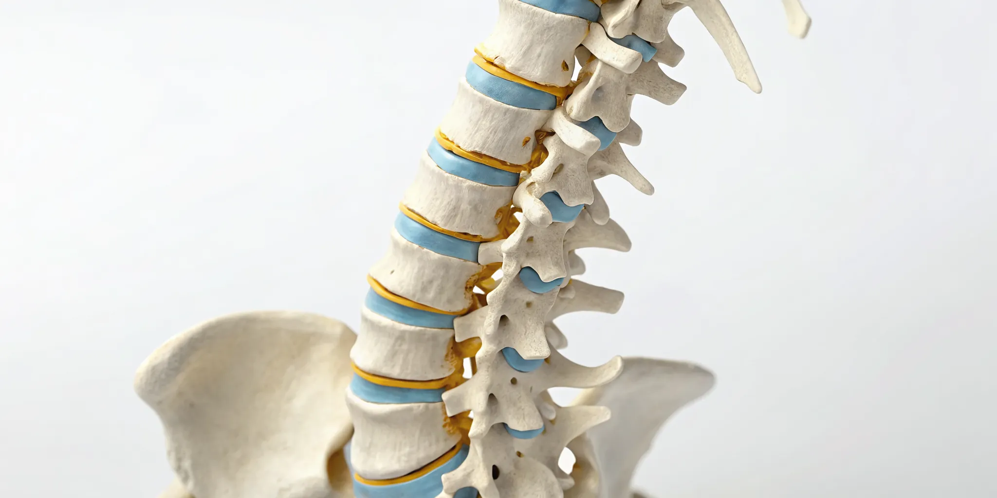 Lumbosacral spine model showing the vertebral slippage of spondylolisthesis.
