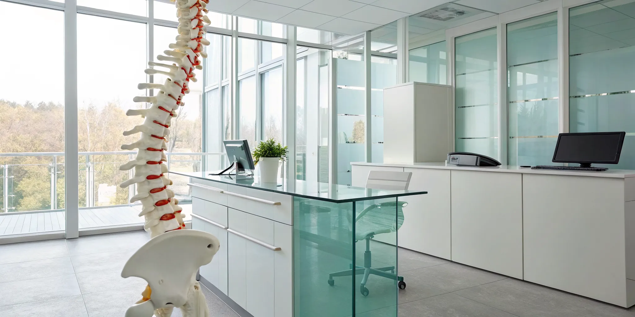 Spine model in a medical office for treating herniated disc pain.