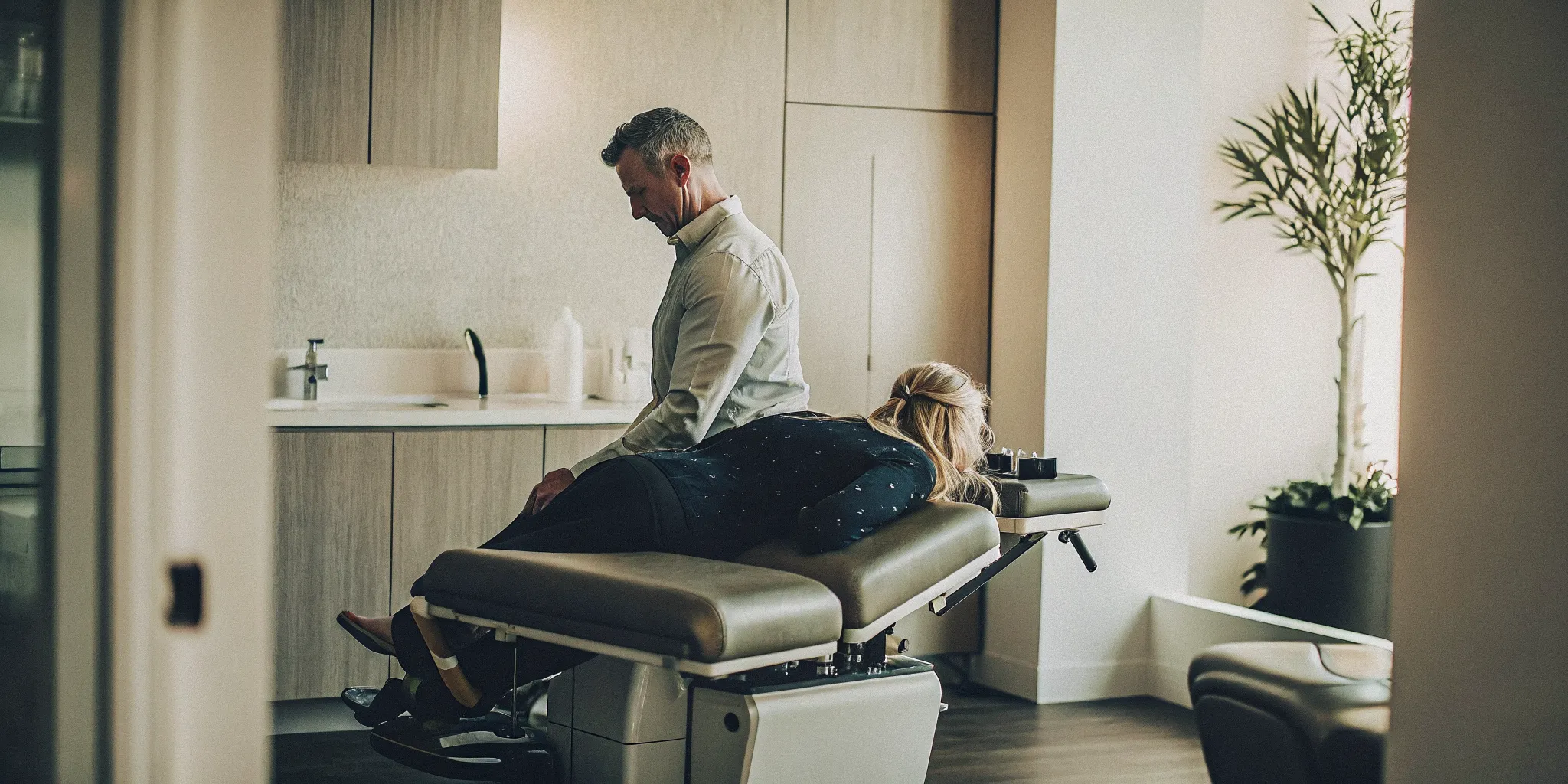 Patient receiving DRX9000 spinal decompression treatment at DRX Chicago