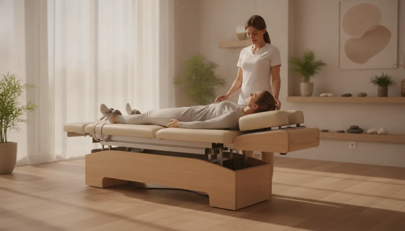 Patient resting comfortably on a DRX9000 spinal decompression table in a bright clinic as a clinician adjusts the equipment