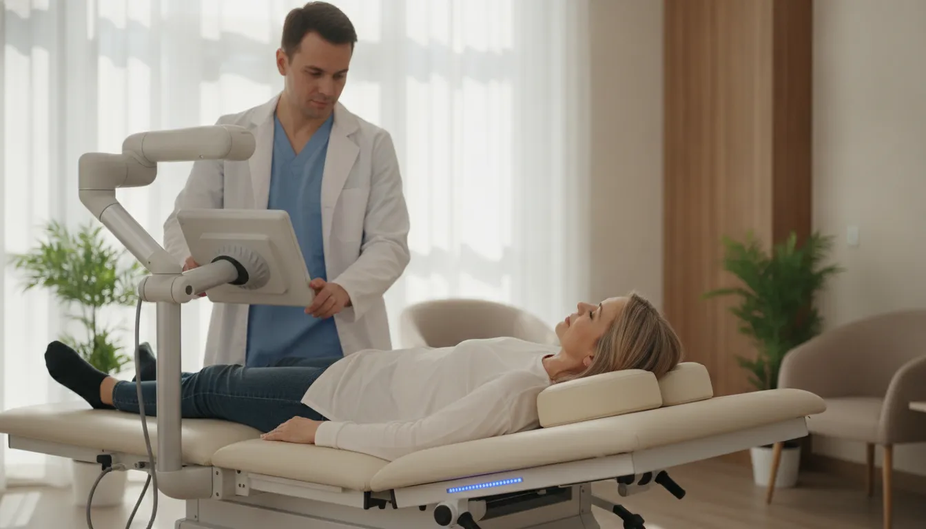 Patient lying comfortably on a DRX9000 spinal decompression table in a Chicago clinic