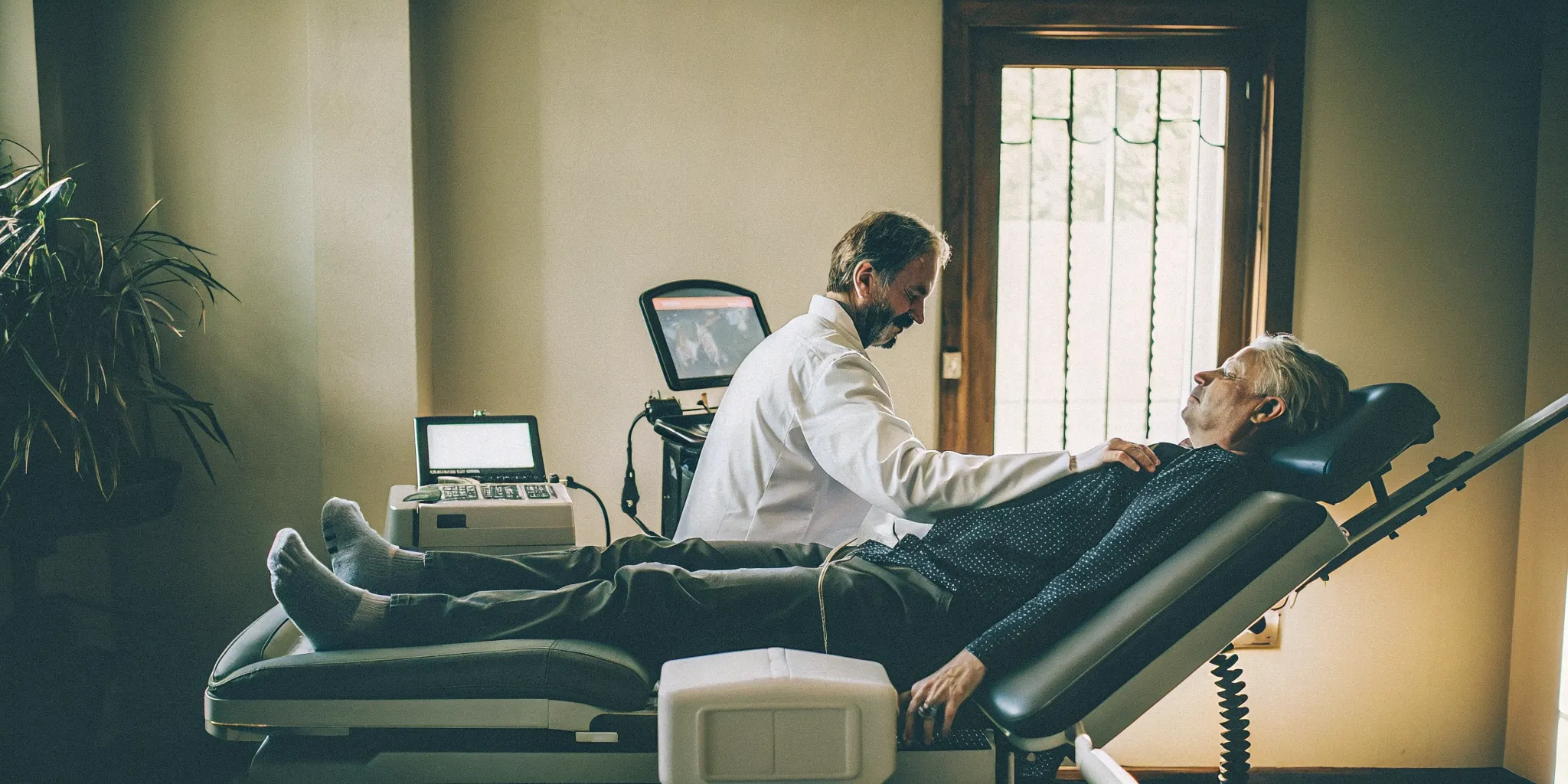 Patient lying on a computerized DRX9000 spinal decompression machine in a modern clinic with a clinician adjusting the equipment