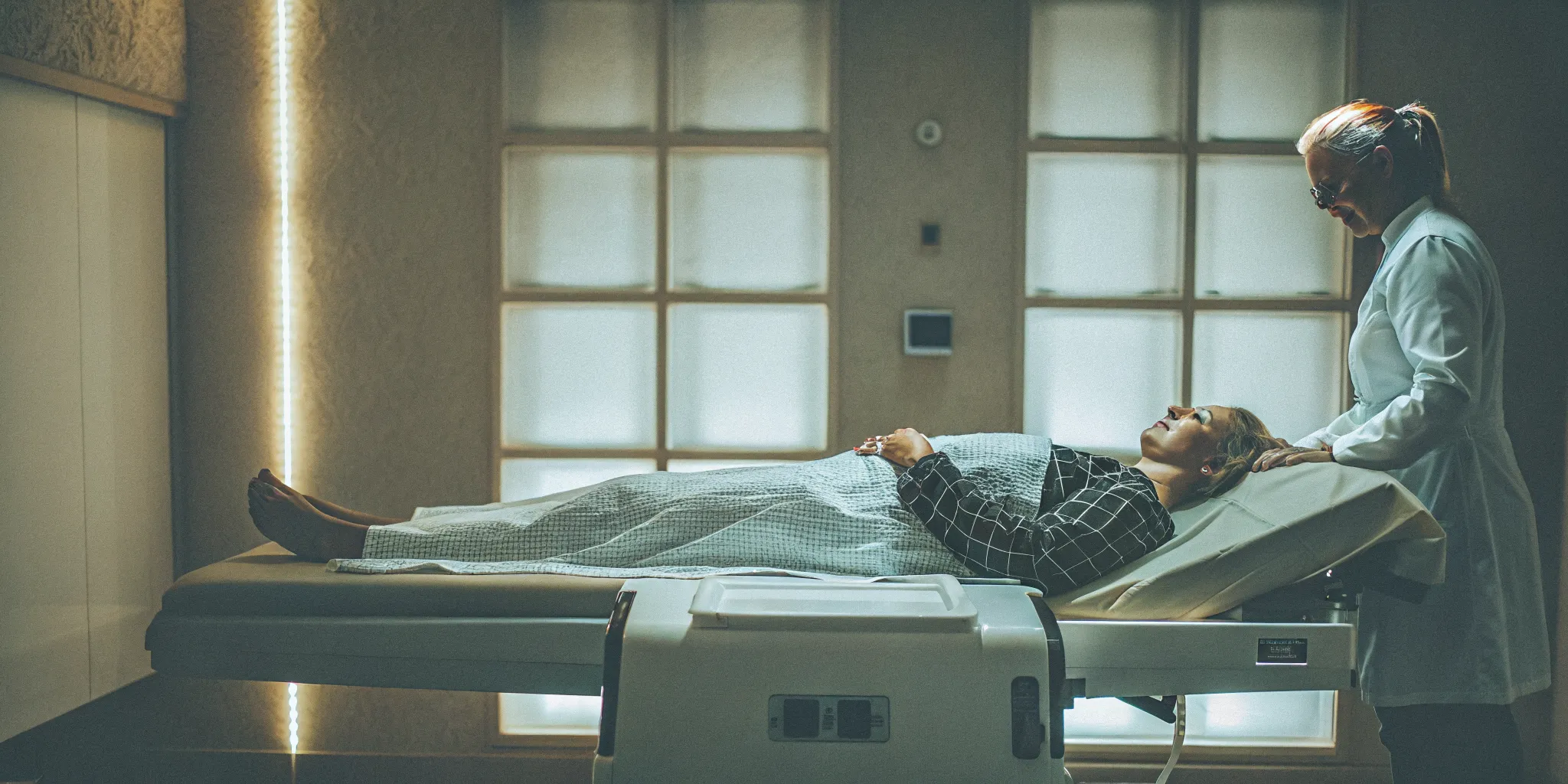 Patient receiving DRX9000 spinal decompression treatment on a padded table at a Chicago clinic, healthcare professional monitoring the equipment