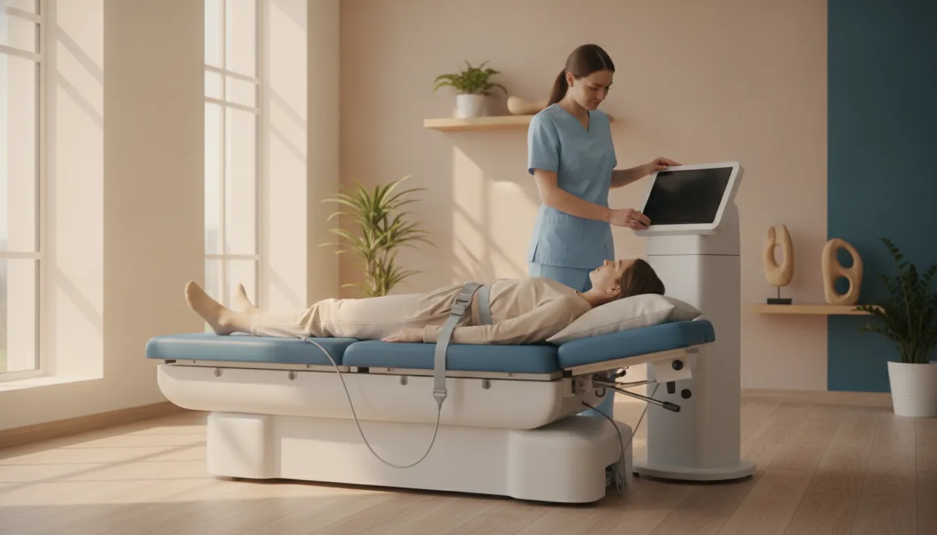 Patient receiving non-invasive spinal decompression therapy on the DRX9000 table at DRX Chicago