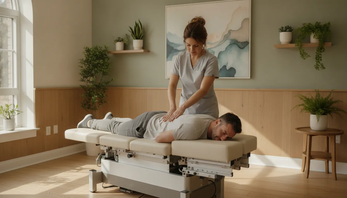 Patient receiving computer-controlled DRX9000 spinal decompression treatment at DRX Chicago