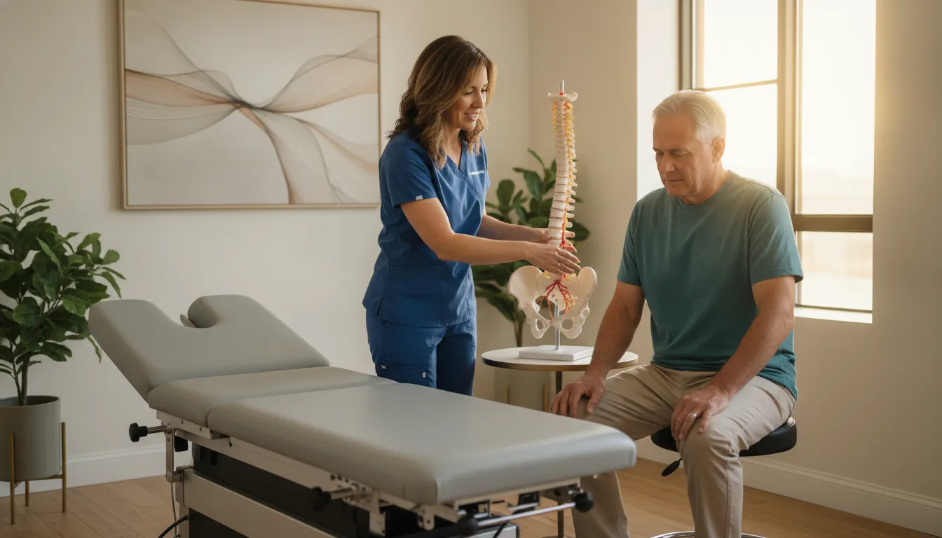 Chiropractor discussing sciatica treatment beside a DRX9000 table in a Chicago clinic