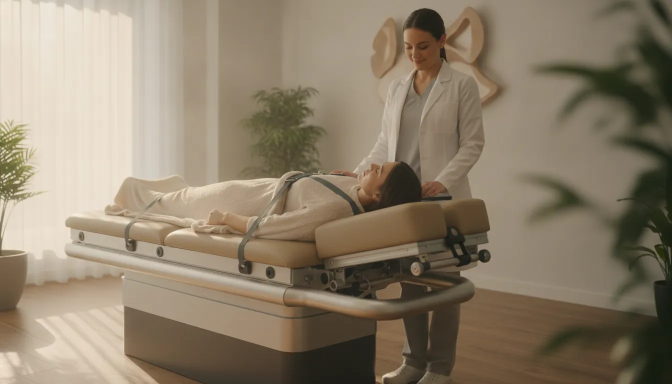 Patient lying on a DRX9000 spinal decompression machine table in a bright clinical office in Chicago