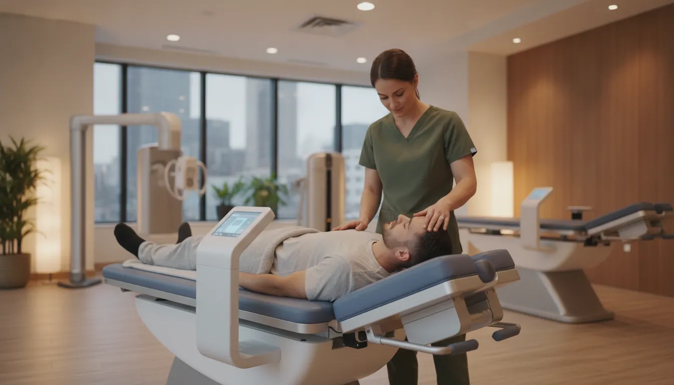 A patient relaxing on a DRX9000 spinal decompression table at DRX Chicago while a chiropractor monitors the session
