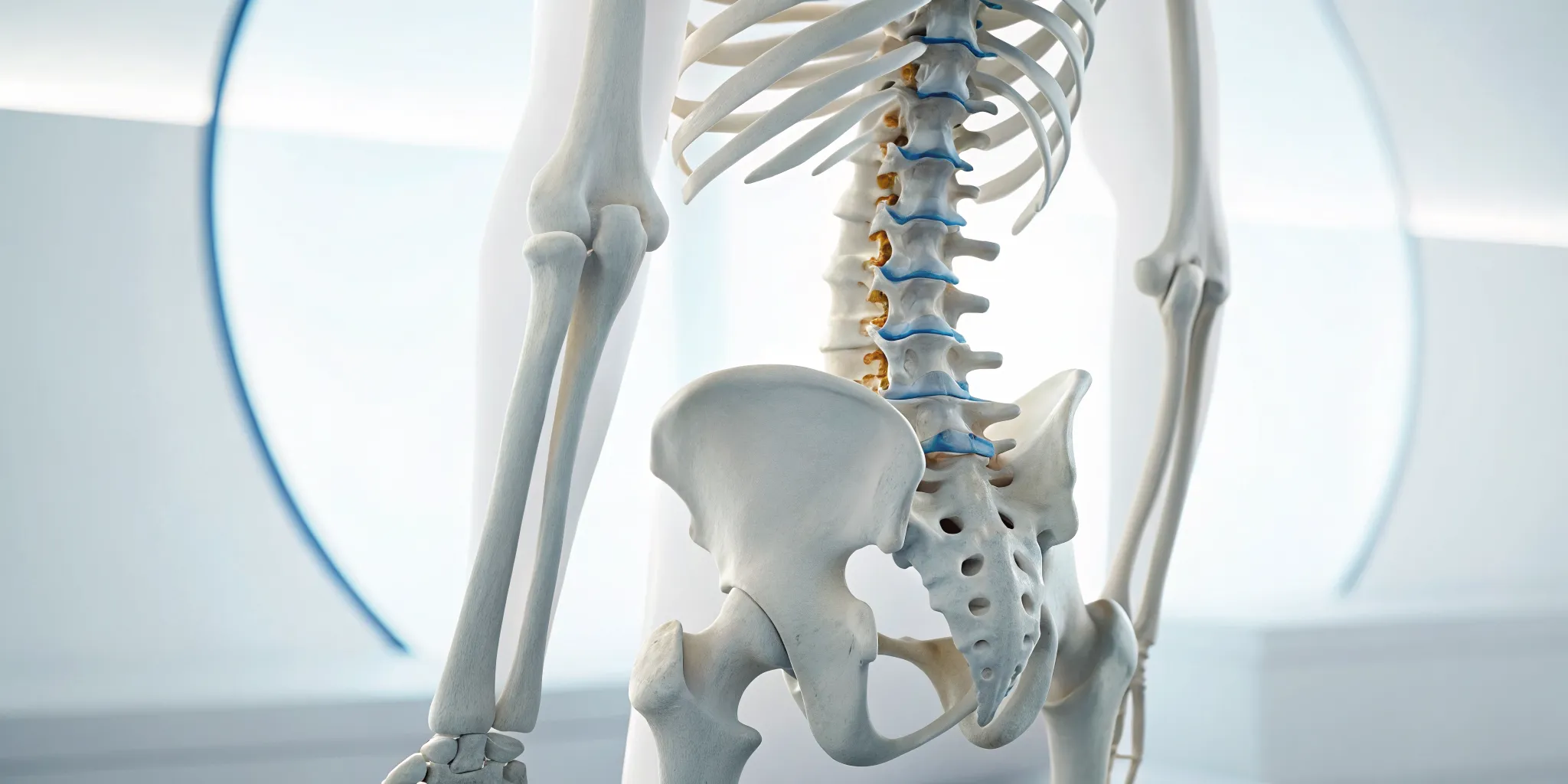 Anatomical model of the spine showing decompression for back pain.