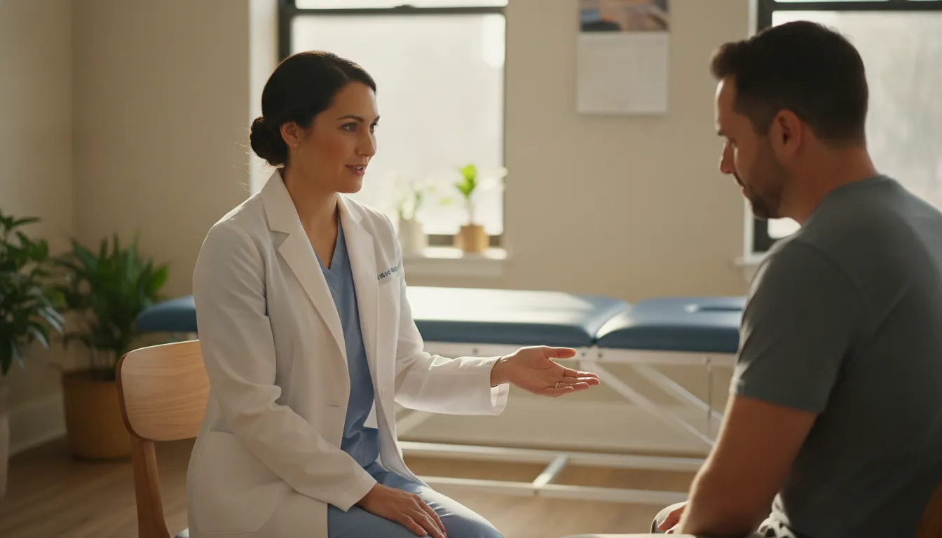 Chiropractor consulting with an auto accident recovery patient in a Chicago spine clinic