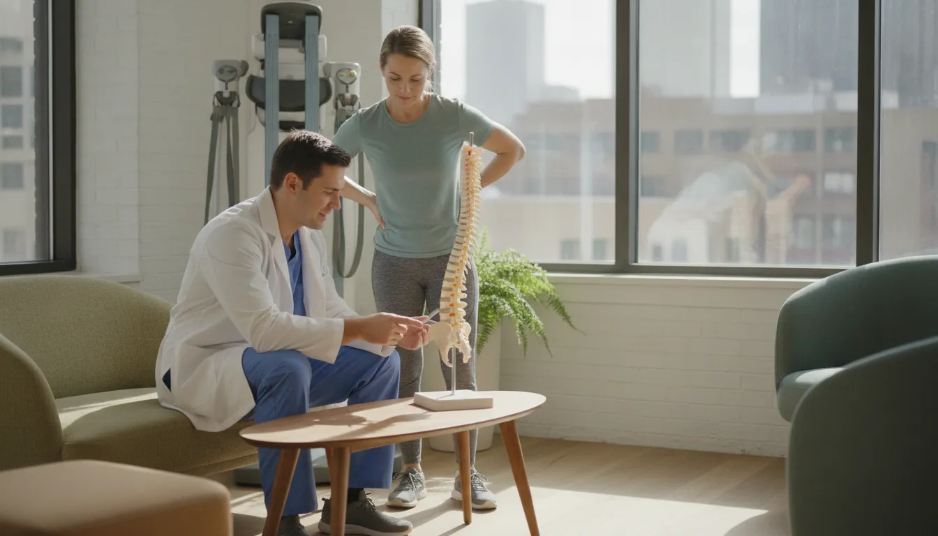 Chicago chiropractor discussing non-surgical back pain care with a patient beside a DRX9000 table