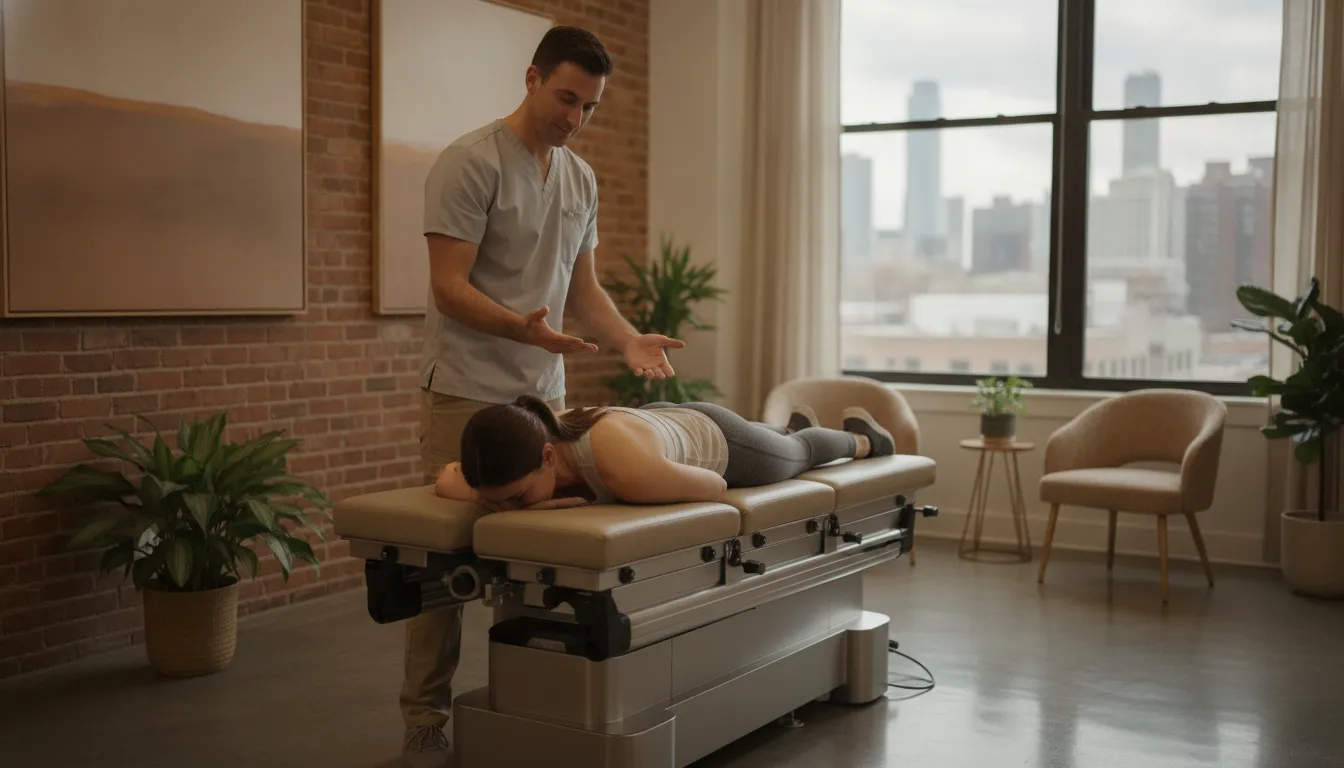 Chiropractor discussing bulging disc care beside a spinal decompression table
