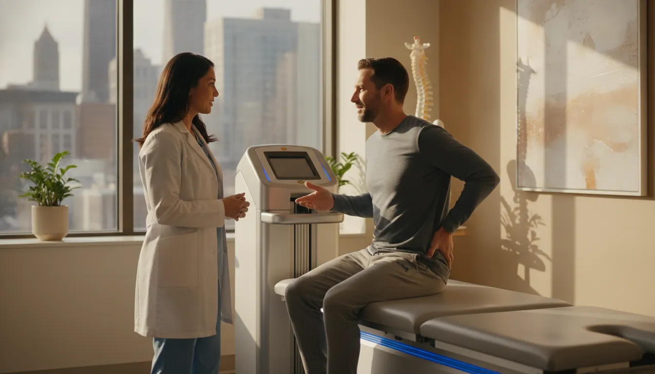 Provider discussing degenerative disc disease care beside a DRX9000 table in a Chicago clinic
