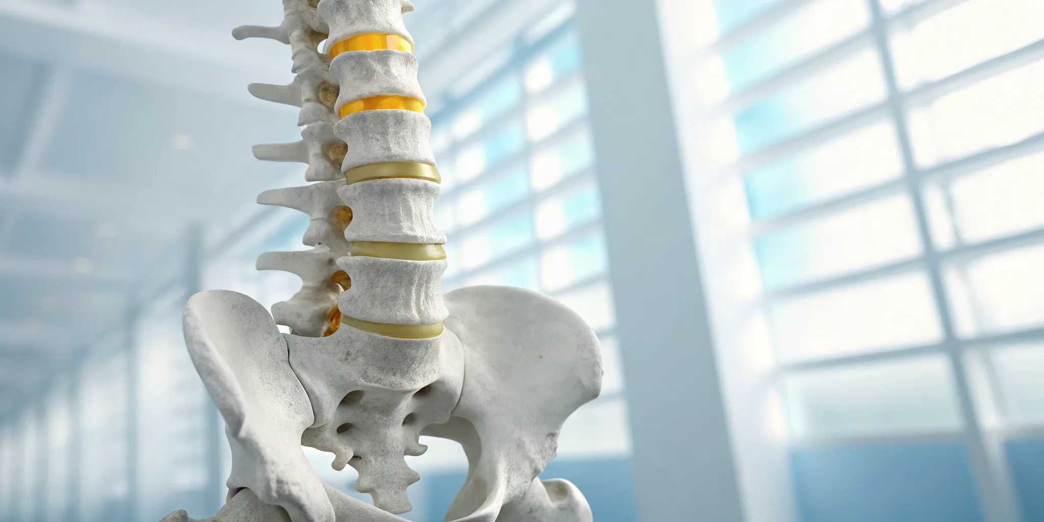 Model of a lumbar disc herniation pressing on a nerve, causing lower back pain symptoms.