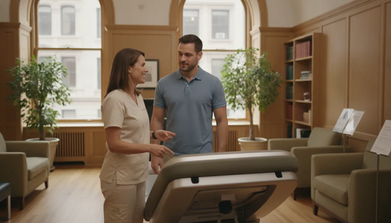 Chiropractor discussing non-surgical back pain care with a patient beside a spinal decompression table
