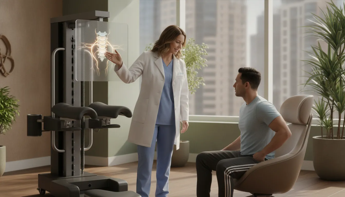 Chicago chiropractor discussing pinched nerve care beside a spinal decompression table