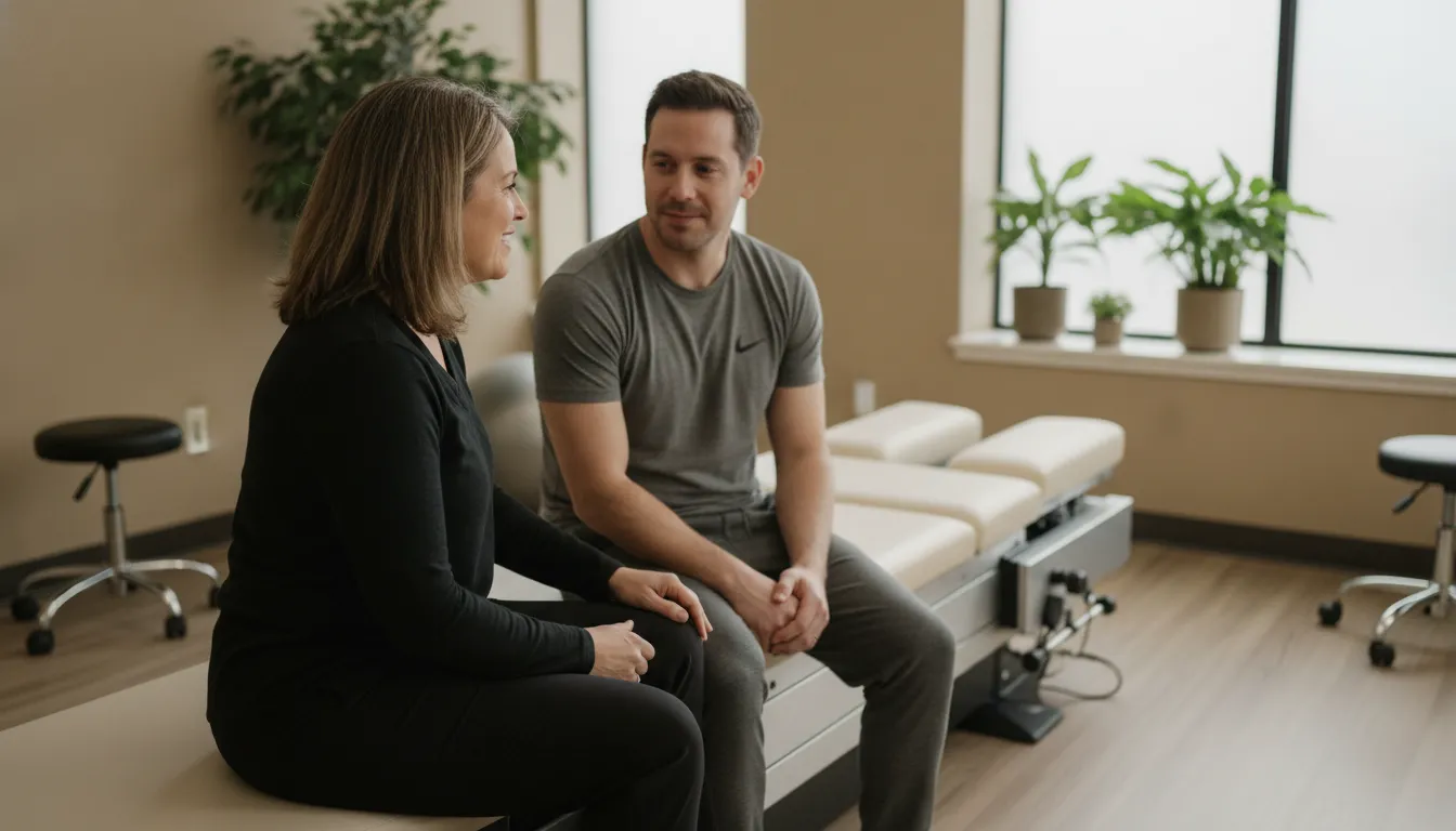 Chiropractor discussing non-surgical spine care with a patient beside a DRX9000 table