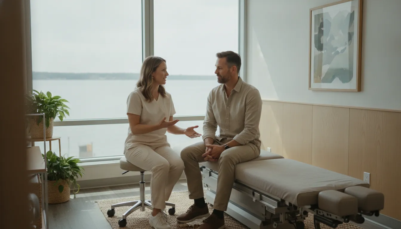 Chiropractor speaking with a patient beside a spinal decompression table in a Chicago clinic