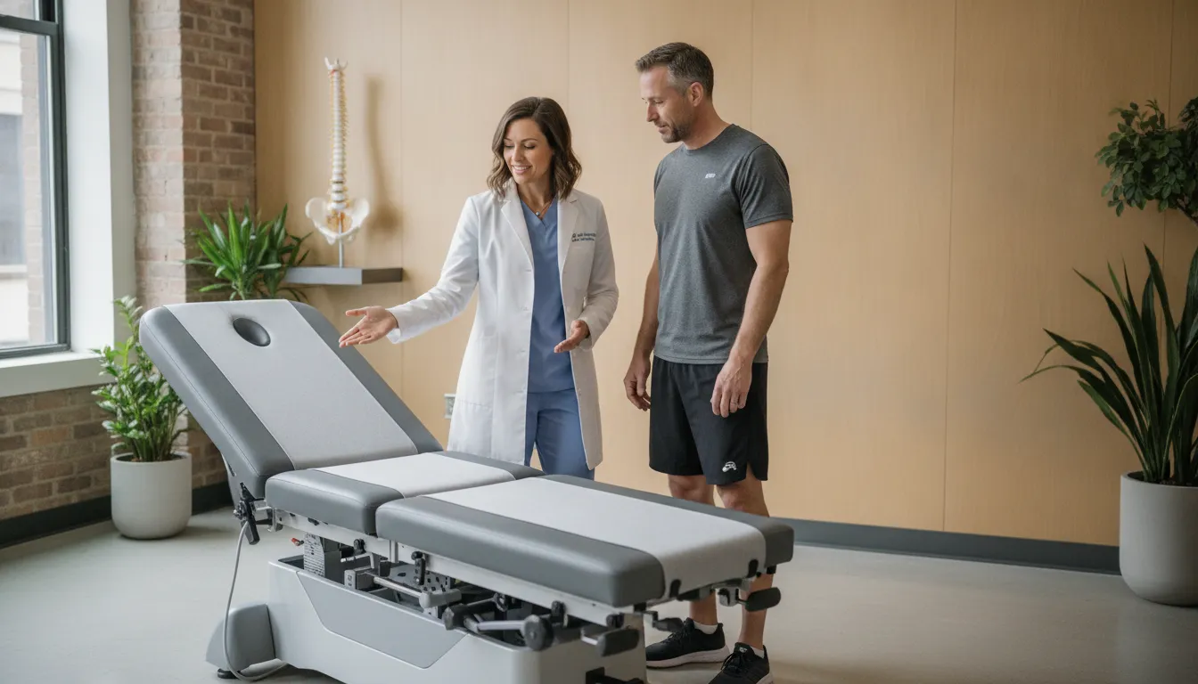 Spinal stenosis treatment Chicago consultation beside a spinal decompression table