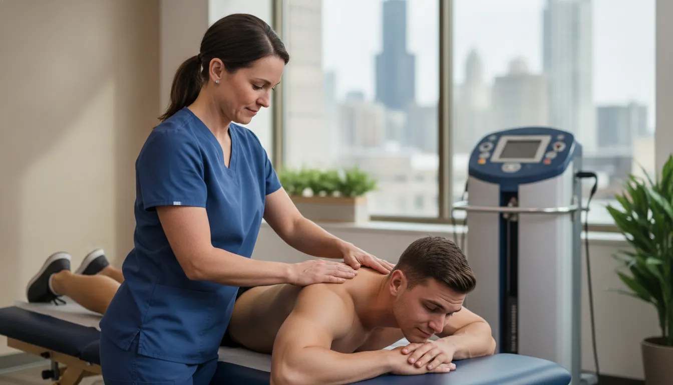 Chicago chiropractor evaluating an athlete's spine in a modern clinic