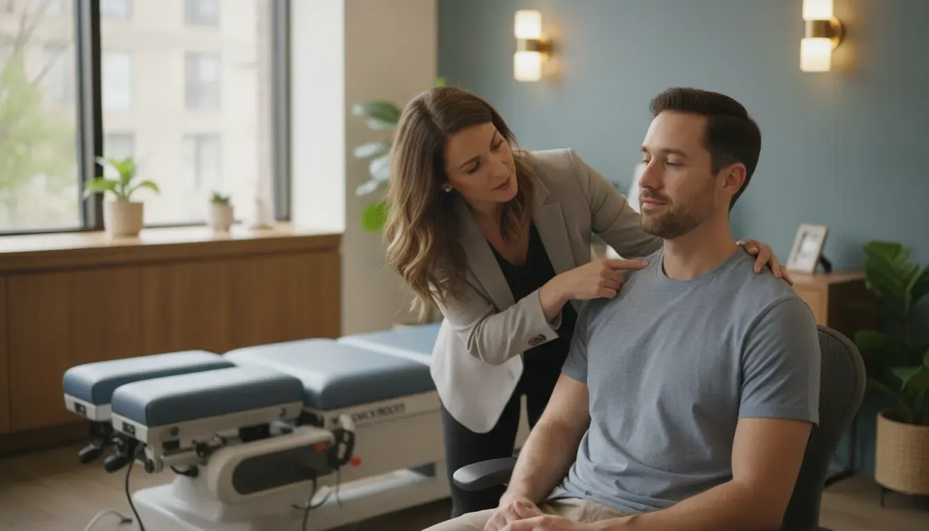 Chiropractor evaluating a patient's neck after whiplash in a Chicago clinic