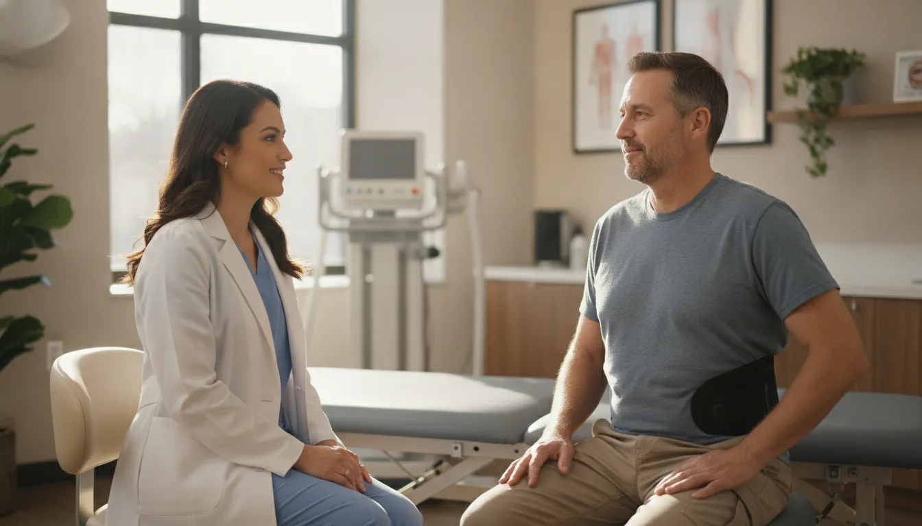 Chicago worker discussing work injury back pain treatment with a chiropractor beside a spinal decompression table