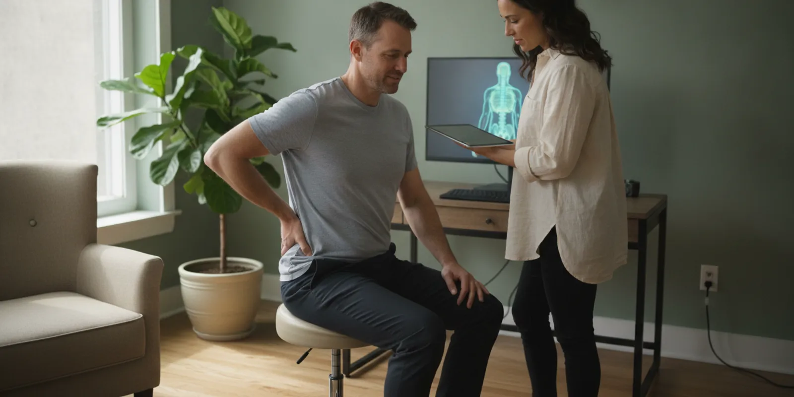 Patient speaking with a spine care clinician in a bright consultation room