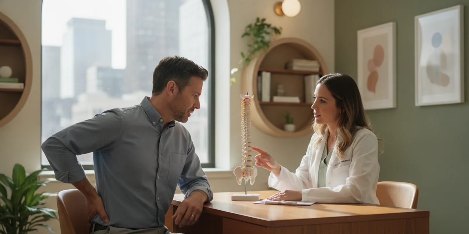 Patient speaking with a chiropractor about sciatica symptoms in a bright, calm clinical room