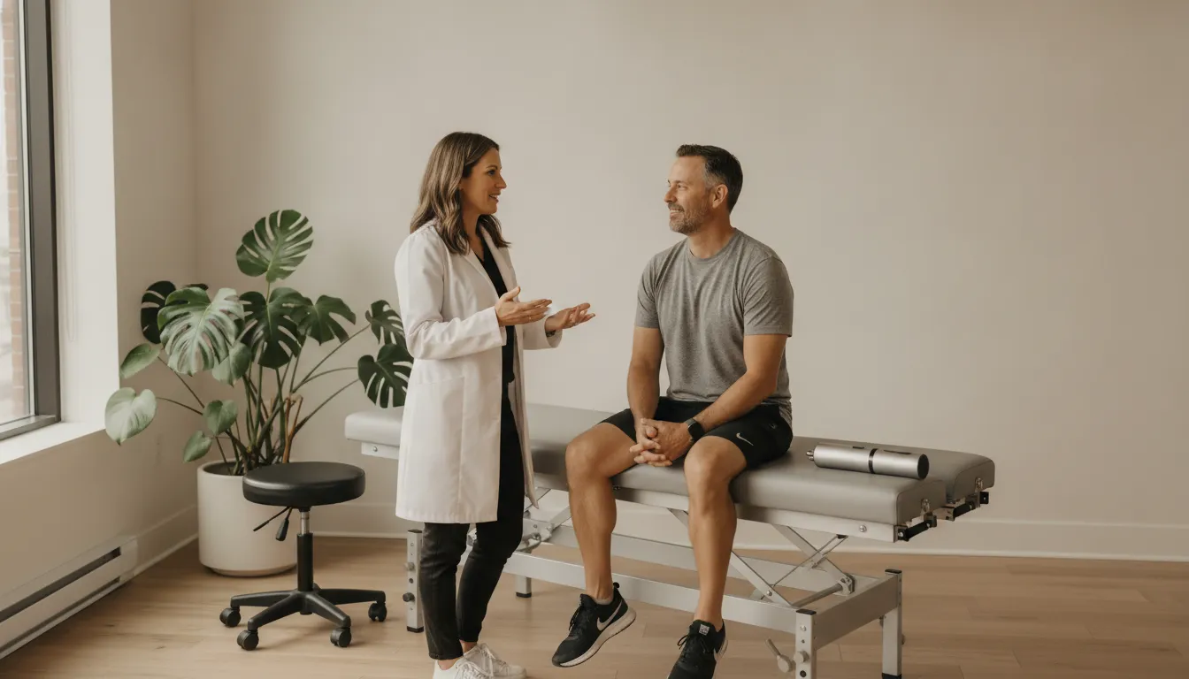Clinician talking with a patient seated on a treatment table in a bright Chicago chiropractic room