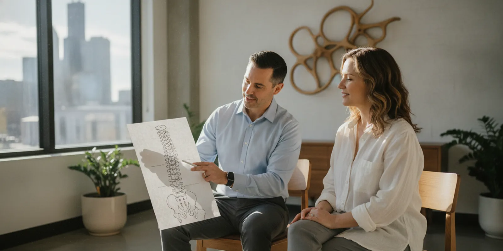 Patient speaking with a spine care provider in a bright Chicago clinic consultation room