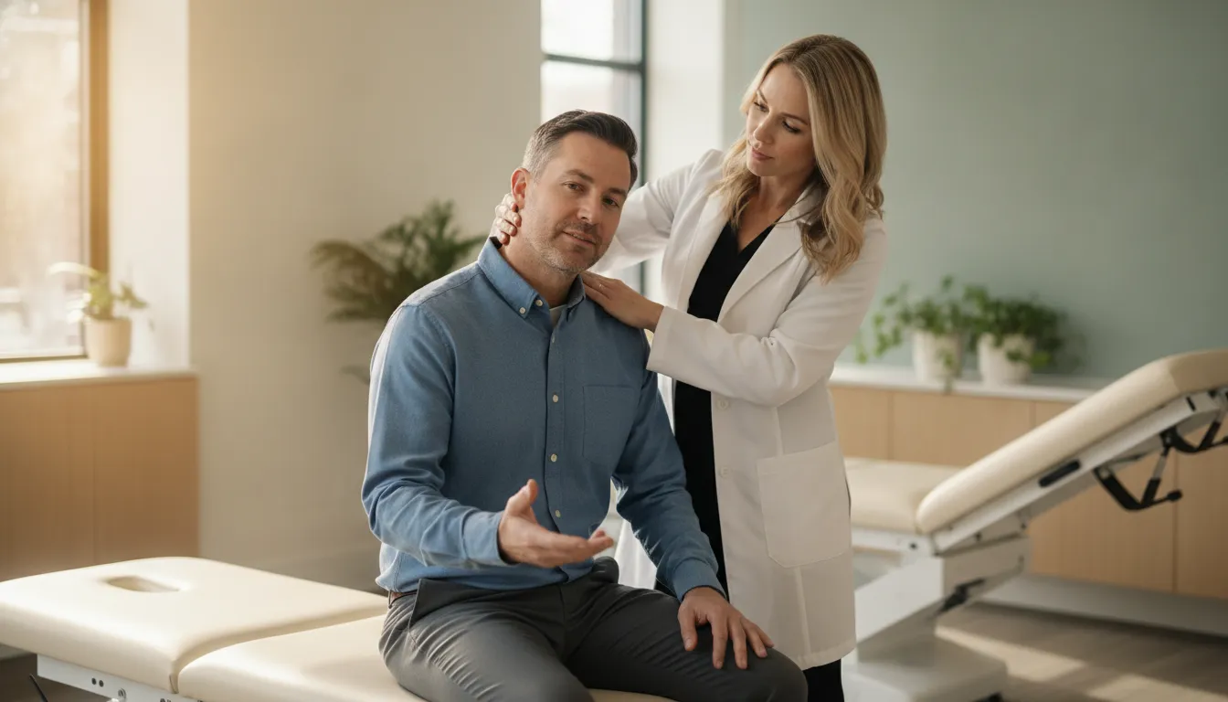 Chiropractor evaluating a patient in a modern spine clinic with a decompression table