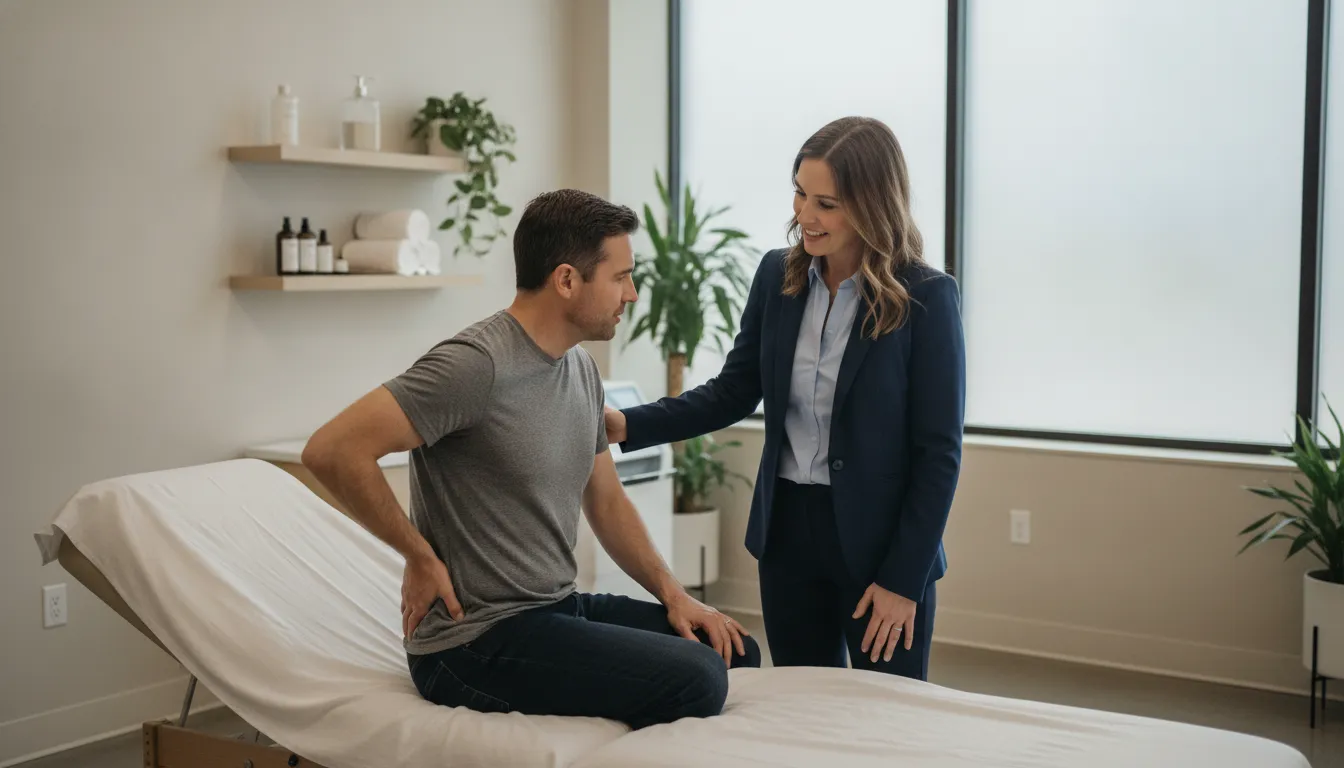 Clinician discussing herniated disc lower back pain treatment options with a seated patient in a bright clinic