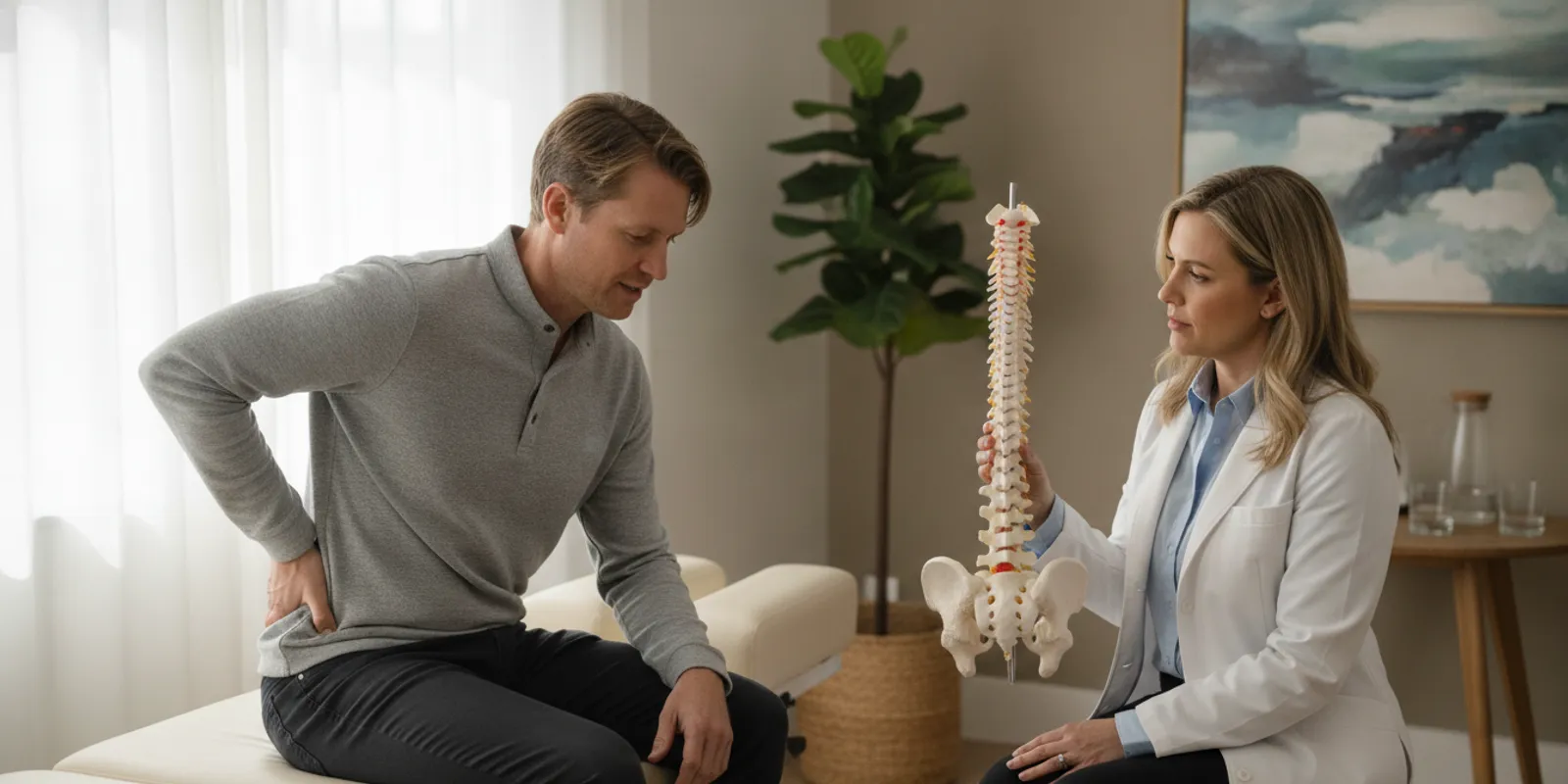 A patient discussing radiating leg pain and treatment options with a chiropractor in a bright consultation room.