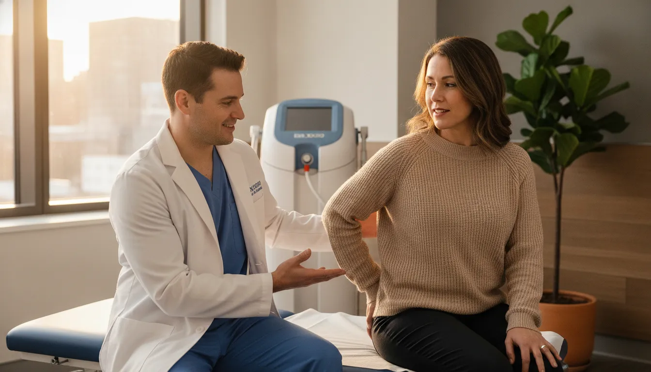 Chiropractor discussing non-surgical back pain evaluation with a patient beside a DRX9000 table