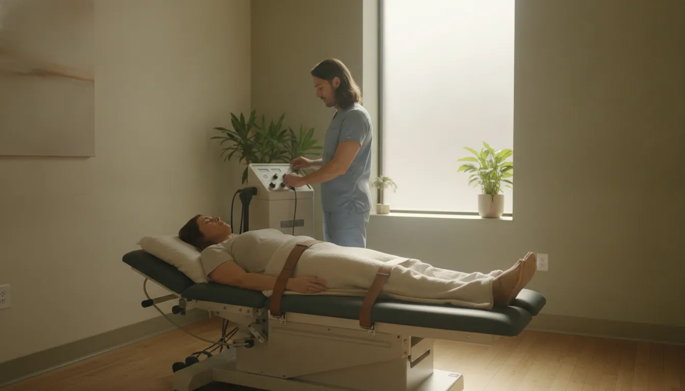 Patient resting on a spinal decompression table while a Chicago clinician adjusts the controls during a sciatica evaluation