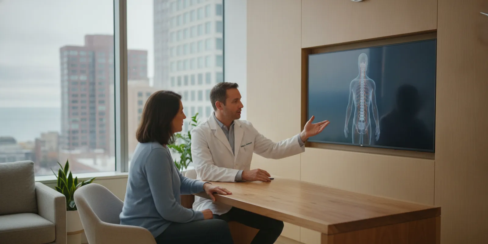 Patient speaking with a spine-care professional about treatment options in a bright clinic