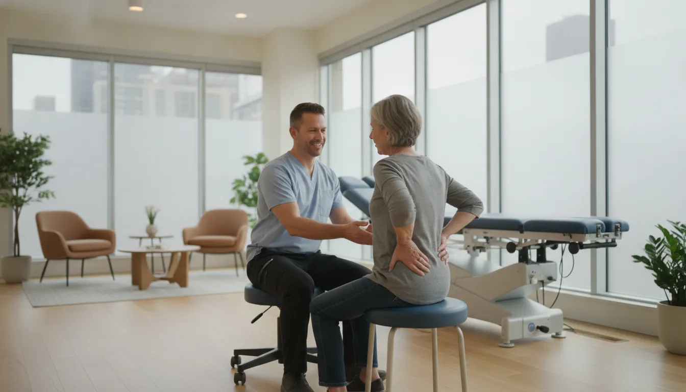 Chiropractor discussing a back pain evaluation with a patient beside a spinal decompression table