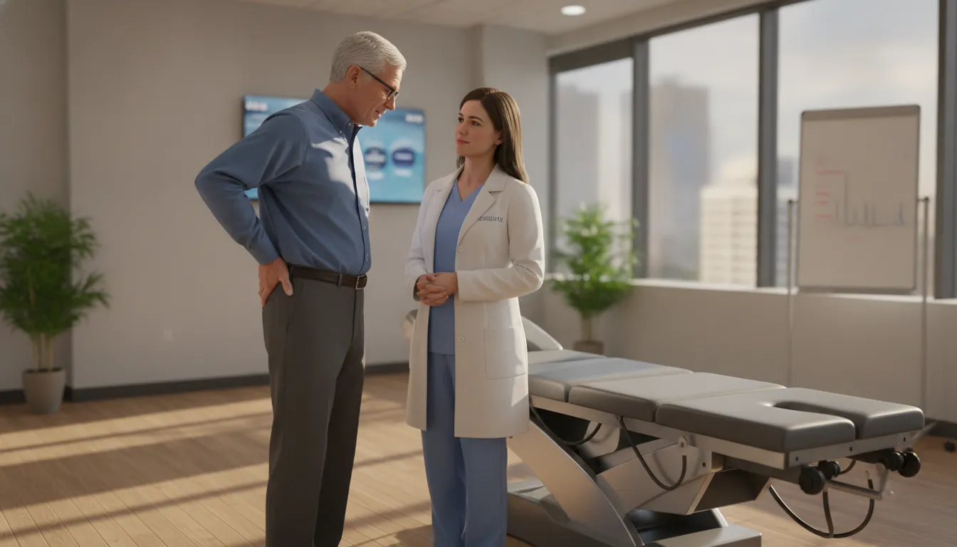 Older adult discussing back pain with a chiropractor beside a spinal decompression table