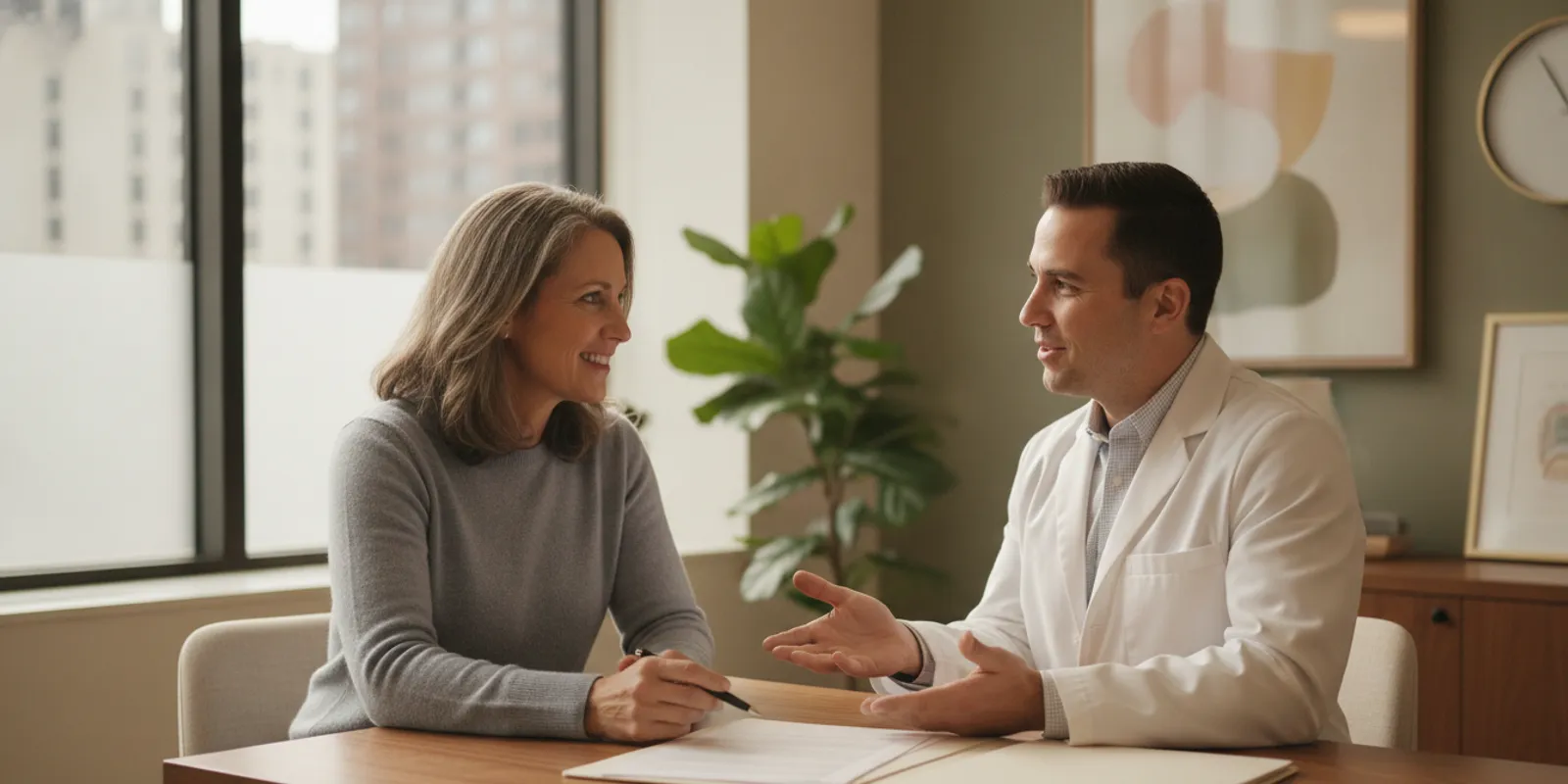 Patient discussing a spine care plan and payment questions with a clinician in a Chicago clinic