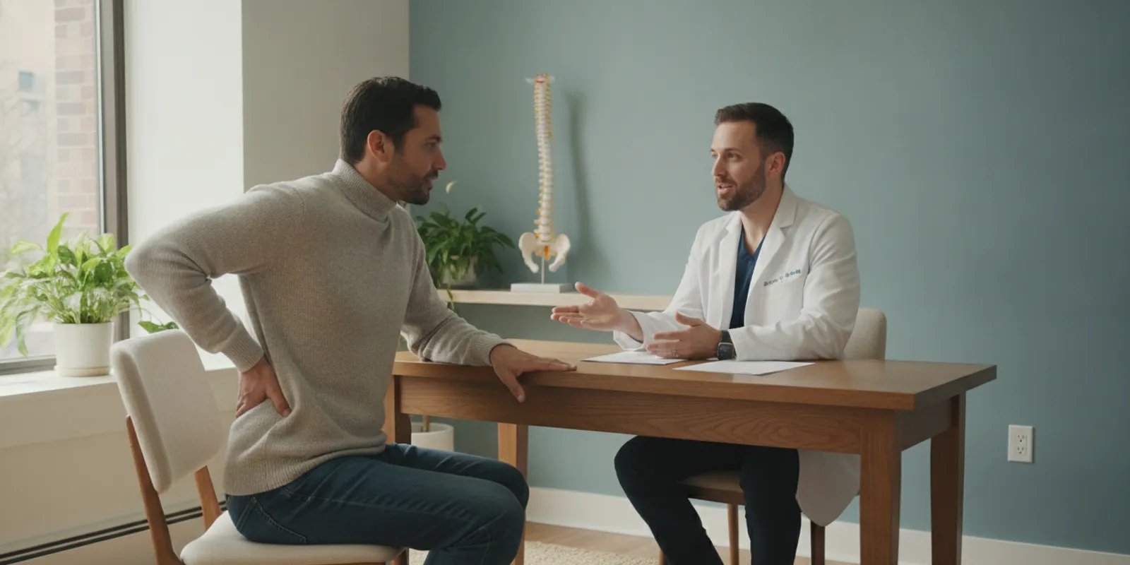 Patient speaking with a clinician about spinal decompression treatment options