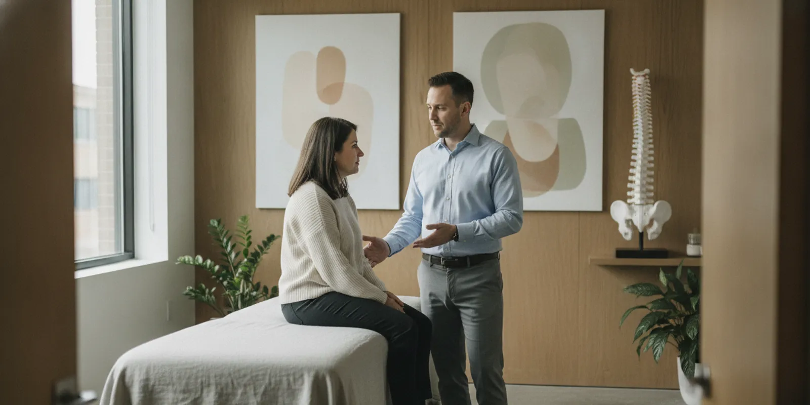 Patient discussing non-surgical spinal decompression and back surgery options with a clinician in a bright Chicago clinic