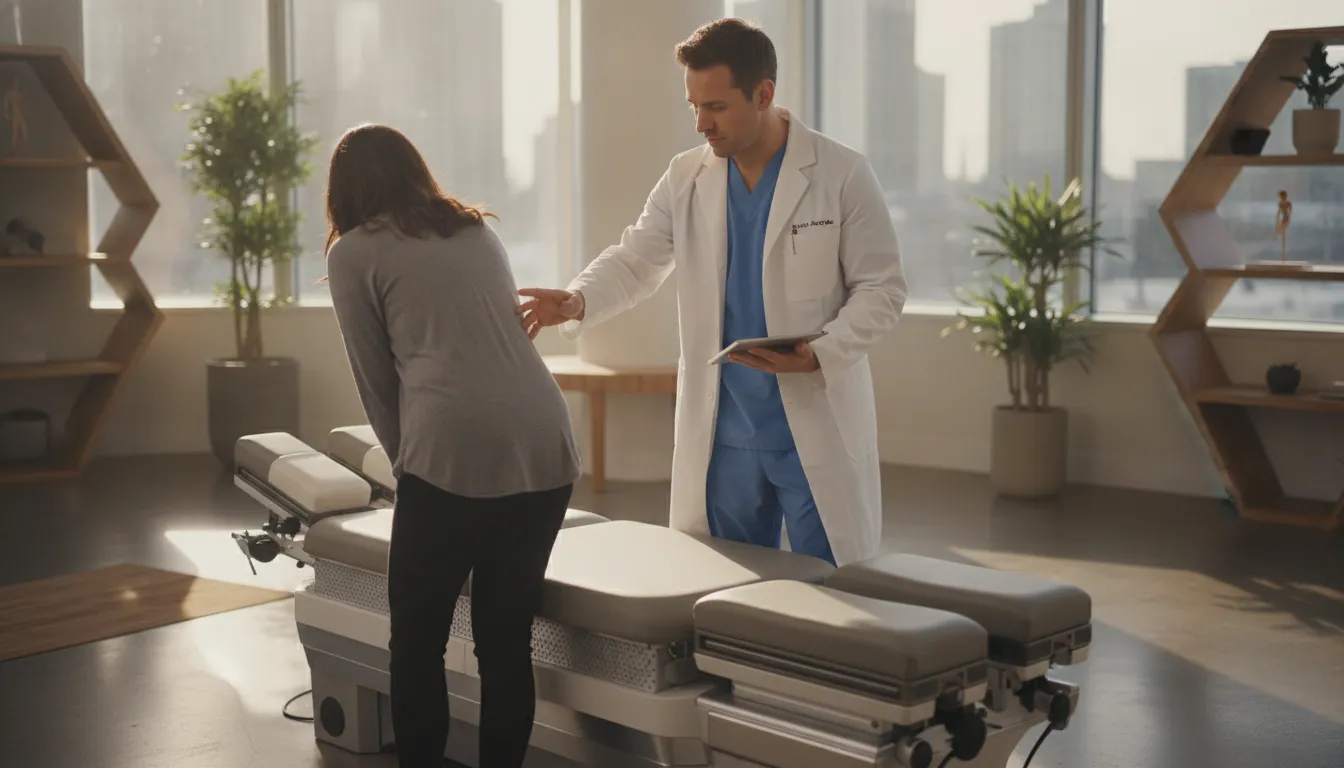 Chiropractor discussing non-surgical back pain care with a Chicago patient beside a spinal decompression table