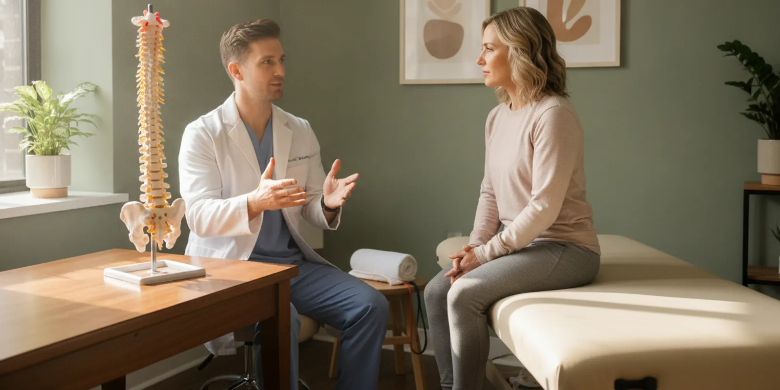 Patient speaking with a chiropractor in a bright Chicago treatment room