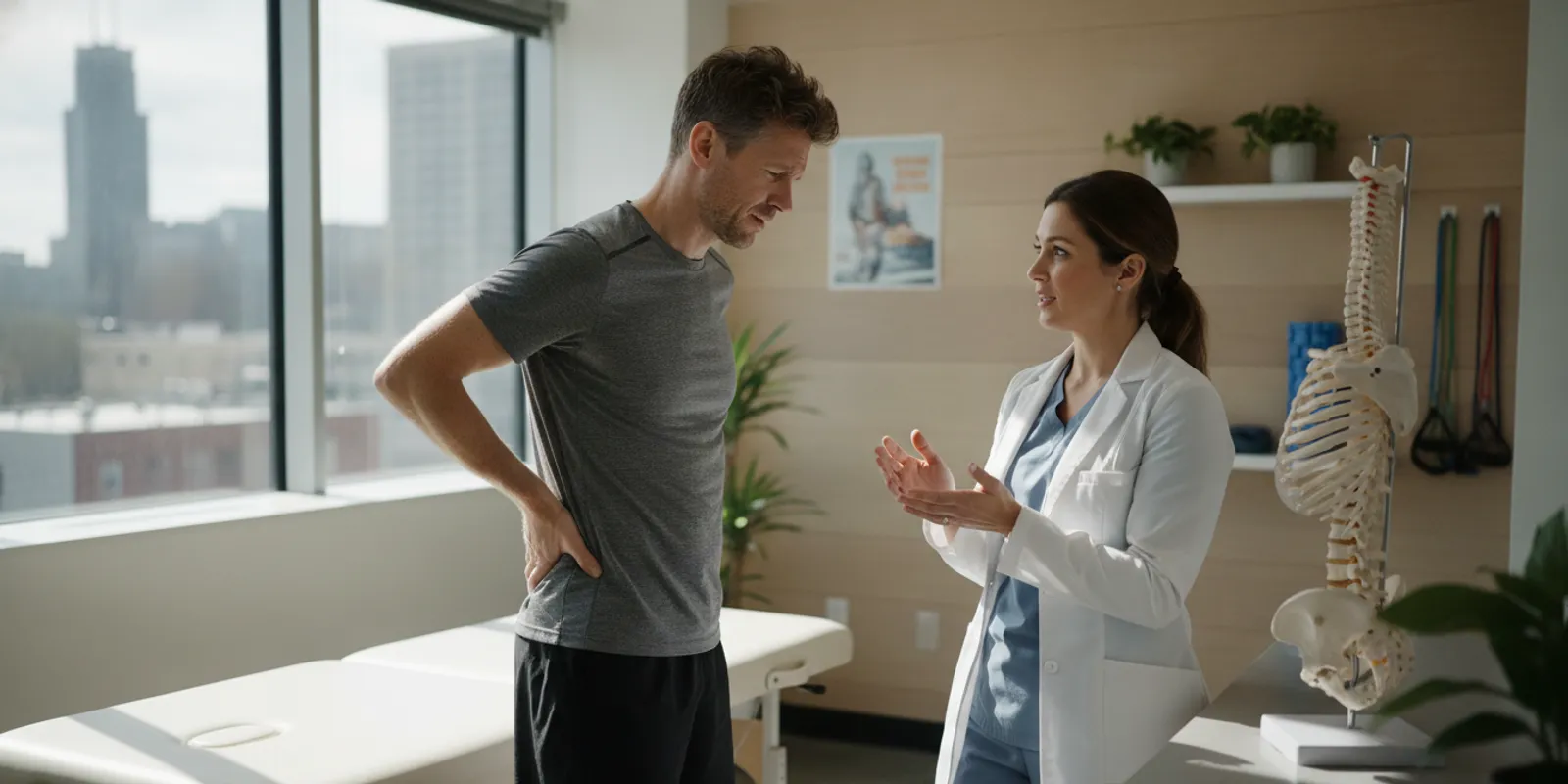 Athlete speaking with a chiropractor about back pain and a return to training