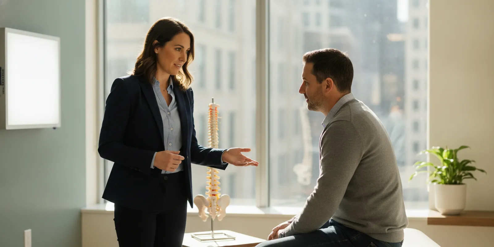 Chiropractor discussing a lower back pain evaluation with a patient in a bright clinical office