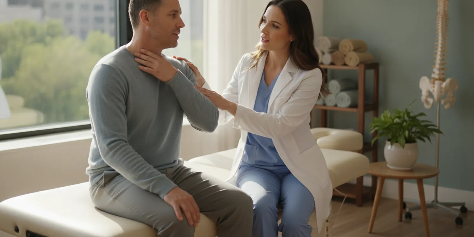 Patient discussing neck discomfort with a clinician in a bright care setting